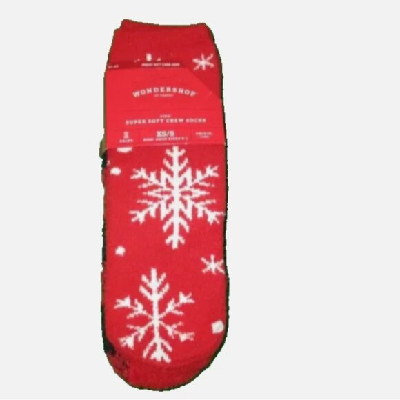 Christmas Socks Two Pairs Red Holiday Crew XS/S Kids 9-11 Plaid and Snowflakes - Picture 2 of 5